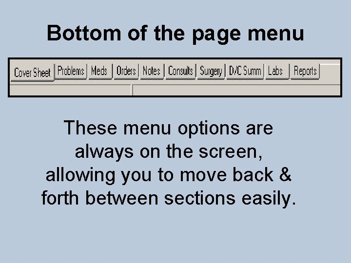 Bottom of the page menu These menu options are always on the screen, allowing