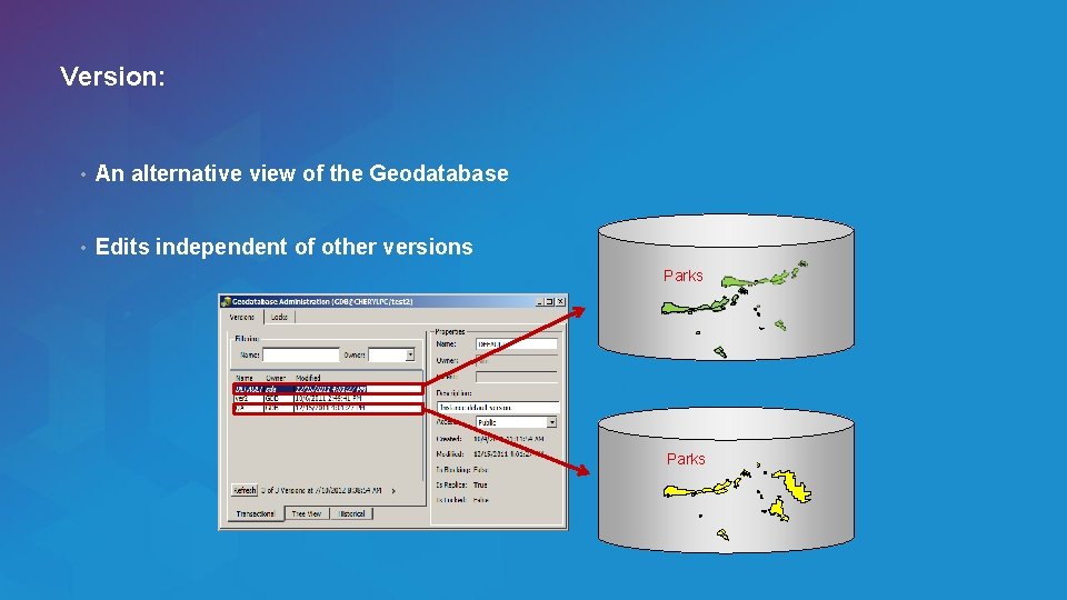 Version: • An alternative view of the Geodatabase • Edits independent of other versions