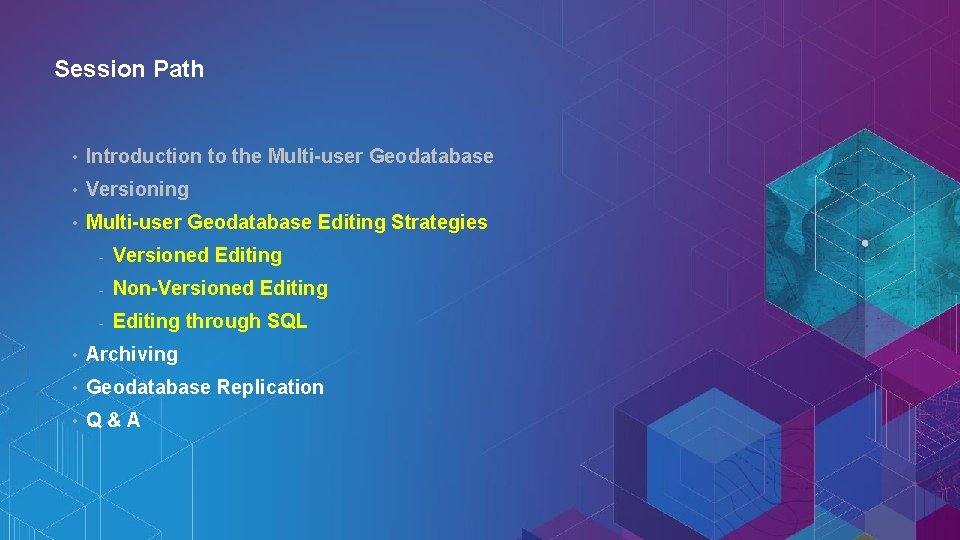 Session Path • Introduction to the Multi-user Geodatabase • Versioning • Multi-user Geodatabase Editing