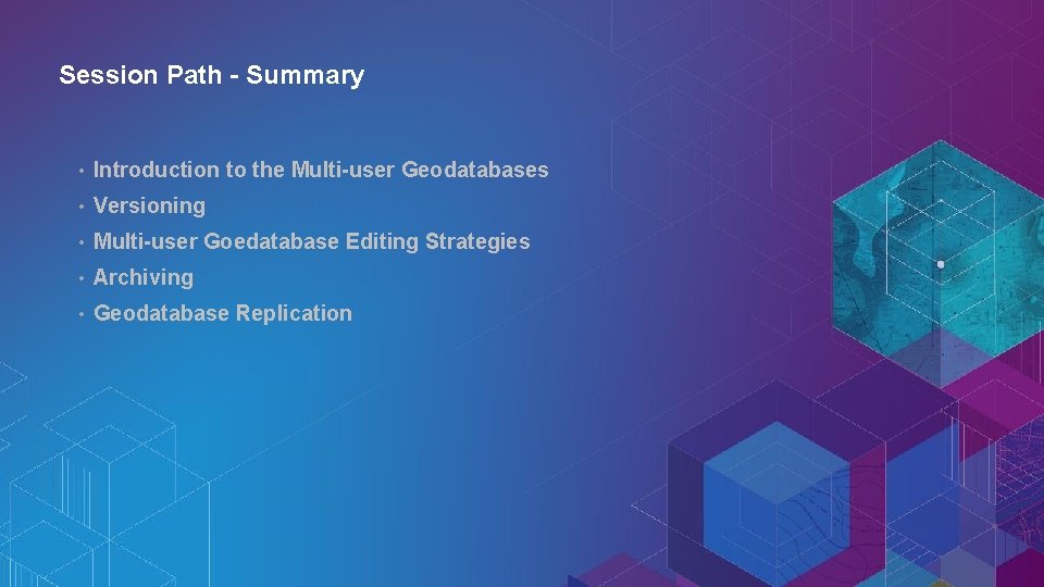 Session Path - Summary • Introduction to the Multi-user Geodatabases • Versioning • Multi-user