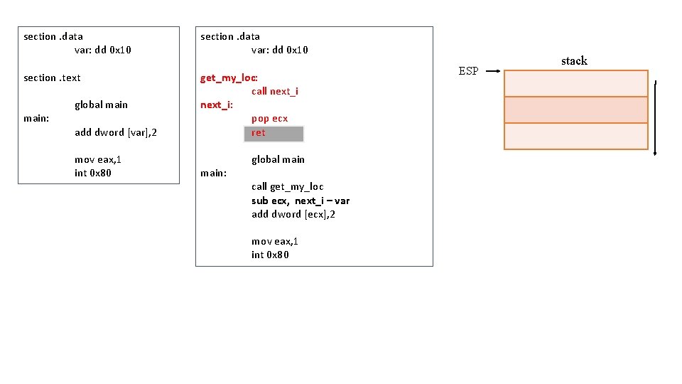 section. data var: dd 0 x 10 section. text get_my_loc: call next_i: pop ecx