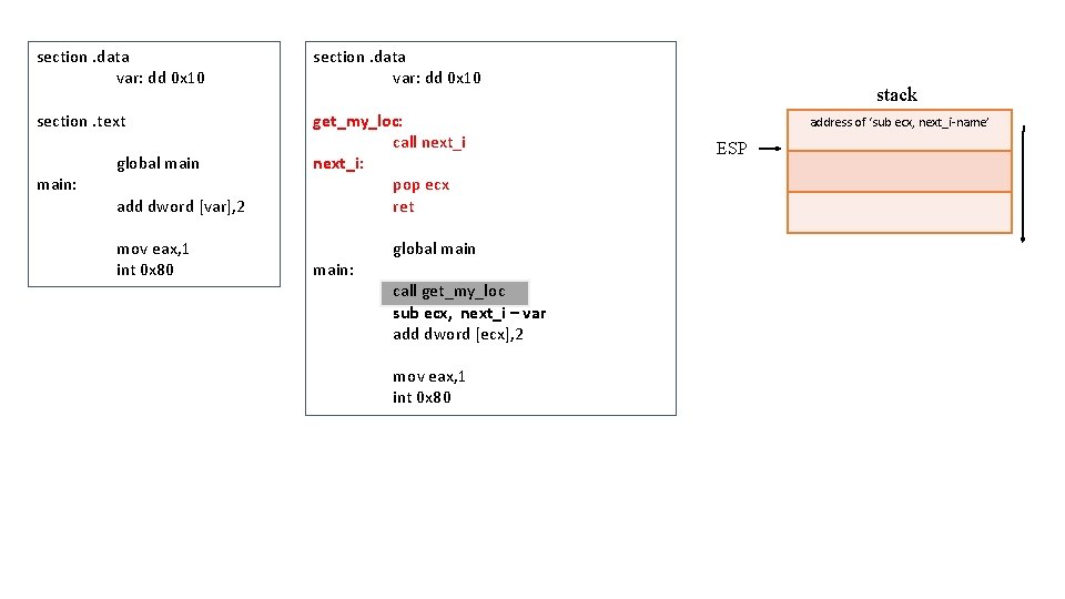 section. data var: dd 0 x 10 section. text get_my_loc: call next_i: pop ecx