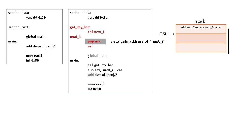 section. data var: dd 0 x 10 section. text get_my_loc: call next_i: pop ecx