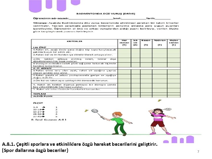 A. 8. 1. Çeşitli sporlara ve etkinliklere özgü hareket becerilerini geliştirir. (Spor dallarına özgü