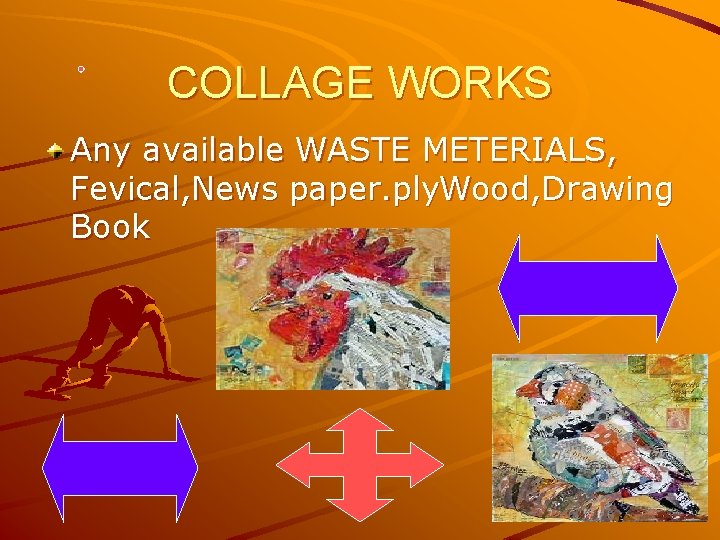 COLLAGE WORKS Any available WASTE METERIALS, Fevical, News paper. ply. Wood, Drawing Book 