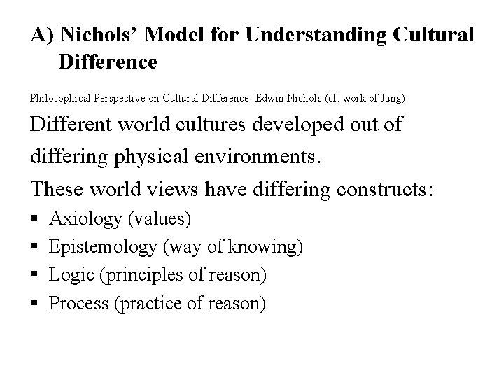 A) Nichols’ Model for Understanding Cultural Difference Philosophical Perspective on Cultural Difference. Edwin Nichols