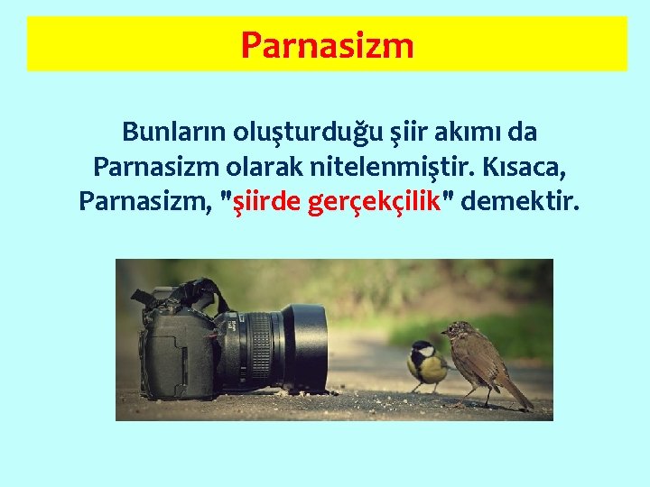 Parnasizm Bunların oluşturduğu şiir akımı da Parnasizm olarak nitelenmiştir. Kısaca, Parnasizm, "şiirde gerçekçilik" demektir.