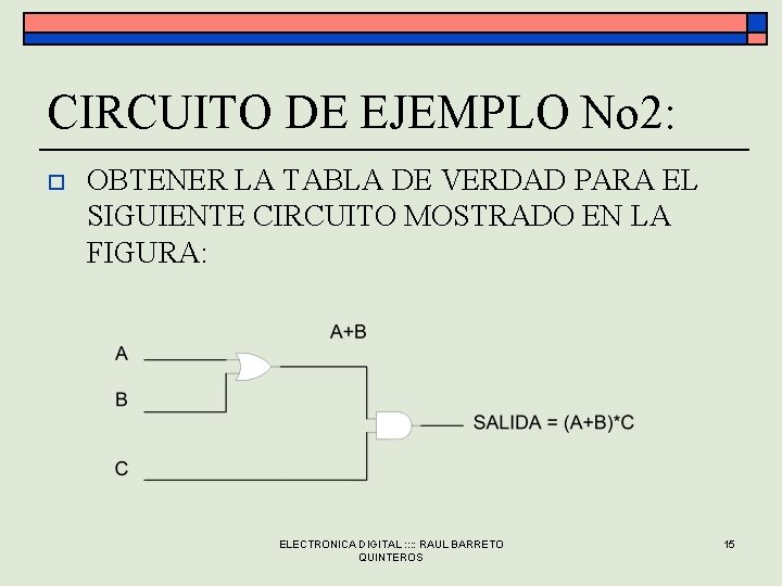 CIRCUITO DE EJEMPLO No 2: o OBTENER LA TABLA DE VERDAD PARA EL SIGUIENTE CIRCUITO DE EJEMPLO No 2: o OBTENER LA TABLA DE VERDAD PARA EL SIGUIENTE