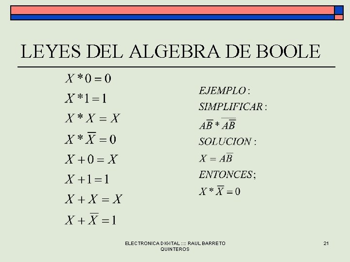 LEYES DEL ALGEBRA DE BOOLE ELECTRONICA DIGITAL : : RAUL BARRETO QUINTEROS 21 LEYES DEL ALGEBRA DE BOOLE ELECTRONICA DIGITAL : : RAUL BARRETO QUINTEROS 21
