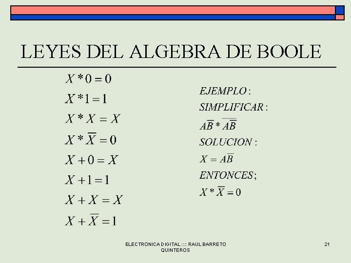 LEYES DEL ALGEBRA DE BOOLE ELECTRONICA DIGITAL : : RAUL BARRETO QUINTEROS 21 