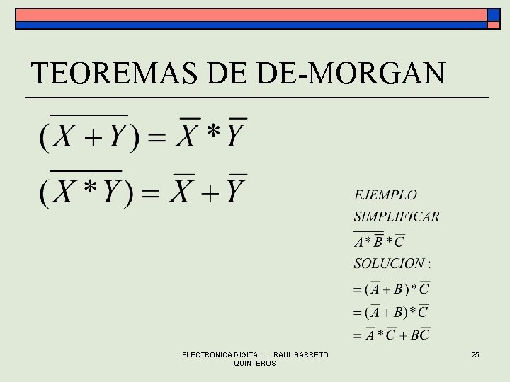 TEOREMAS DE DE-MORGAN ELECTRONICA DIGITAL : : RAUL BARRETO QUINTEROS 25 