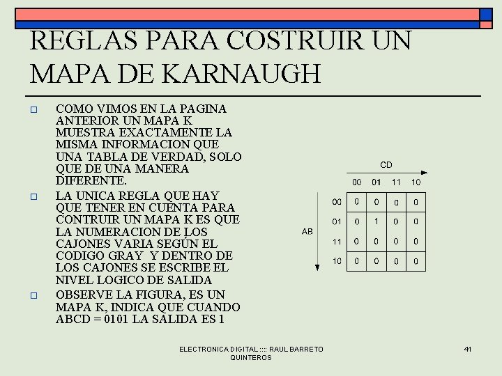 REGLAS PARA COSTRUIR UN MAPA DE KARNAUGH o o o COMO VIMOS EN LA