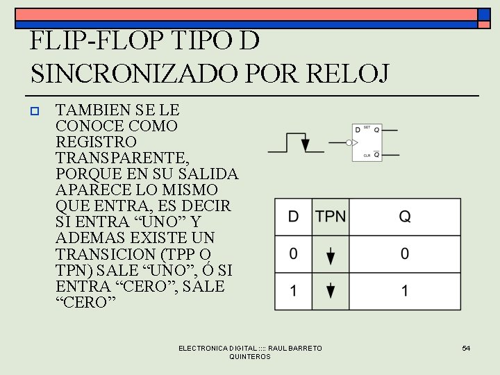 FLIP-FLOP TIPO D SINCRONIZADO POR RELOJ o TAMBIEN SE LE CONOCE COMO REGISTRO TRANSPARENTE,