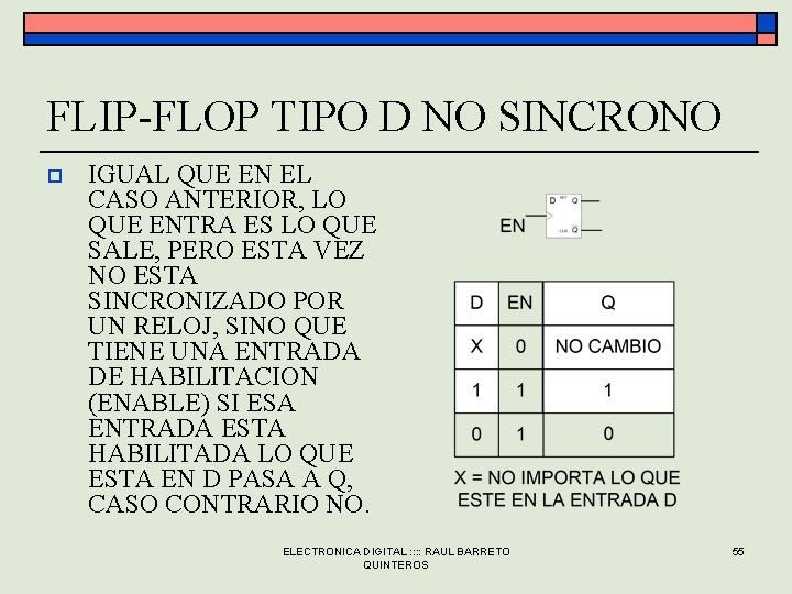 FLIP-FLOP TIPO D NO SINCRONO o IGUAL QUE EN EL CASO ANTERIOR, LO QUE