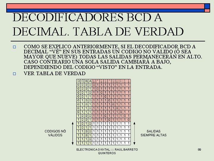 DECODIFICADORES BCD A DECIMAL. TABLA DE VERDAD o o COMO SE EXPLICO ANTERIORMENTE, SI