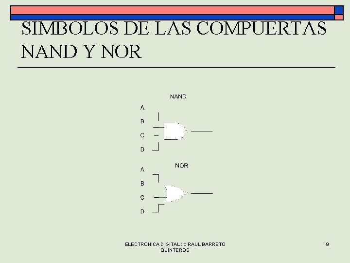 SIMBOLOS DE LAS COMPUERTAS NAND Y NOR ELECTRONICA DIGITAL : : RAUL BARRETO QUINTEROS SIMBOLOS DE LAS COMPUERTAS NAND Y NOR ELECTRONICA DIGITAL : : RAUL BARRETO QUINTEROS