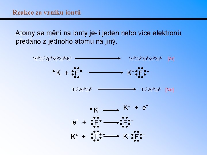 Reakce za vzniku iontů Atomy se mění na ionty je-li jeden nebo více elektronů