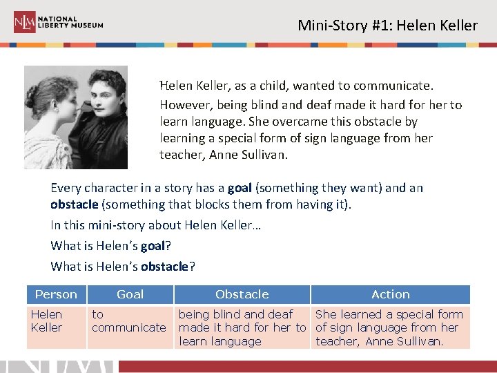 Mini-Story #1: Helen Keller, as a child, wanted to communicate. However, being blind and