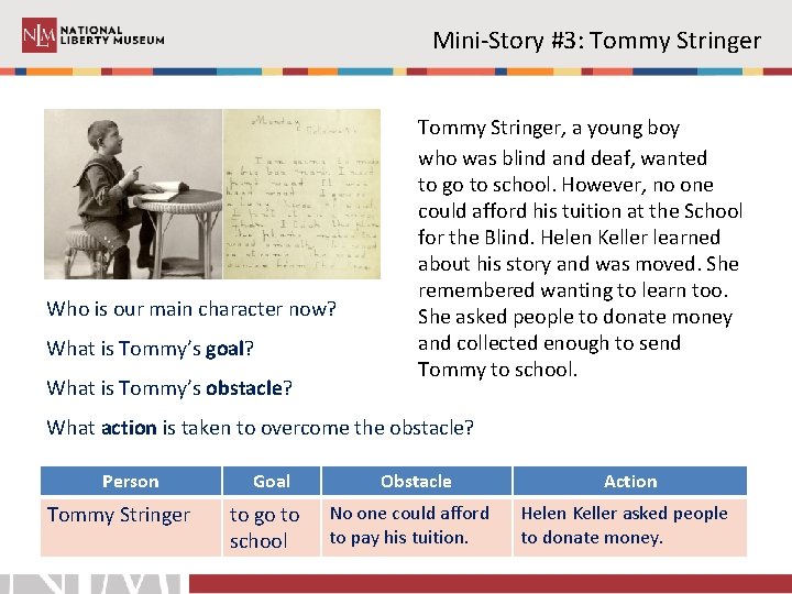 Mini-Story #3: Tommy Stringer, a young boy Who is our main character now? What