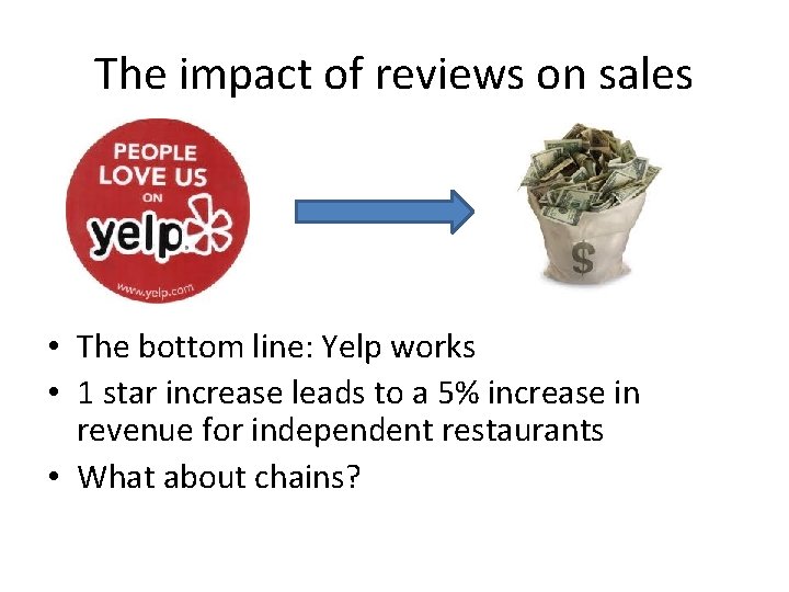 The impact of reviews on sales • The bottom line: Yelp works • 1