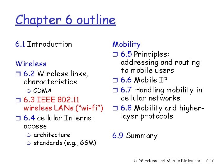 Chapter 6 outline 6. 1 Introduction Wireless r 6. 2 Wireless links, characteristics m