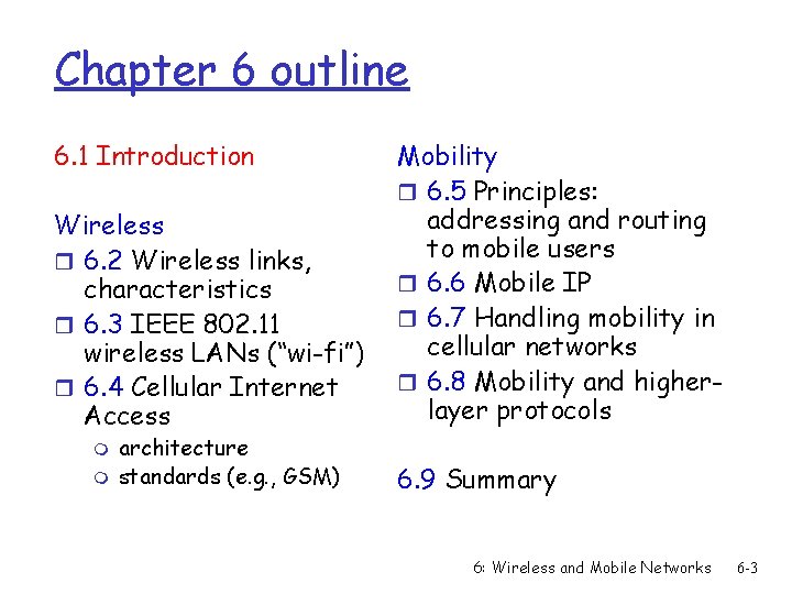 Chapter 6 outline 6. 1 Introduction Wireless r 6. 2 Wireless links, characteristics r