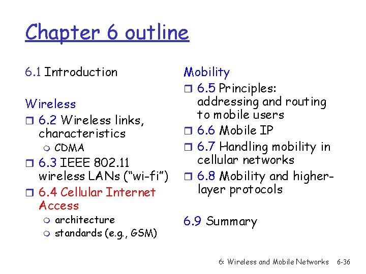 Chapter 6 outline 6. 1 Introduction Wireless r 6. 2 Wireless links, characteristics m