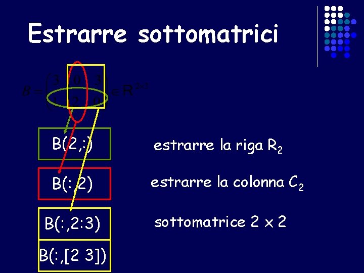 Estrarre sottomatrici B(2, : ) estrarre la riga R 2 B(: , 2) estrarre