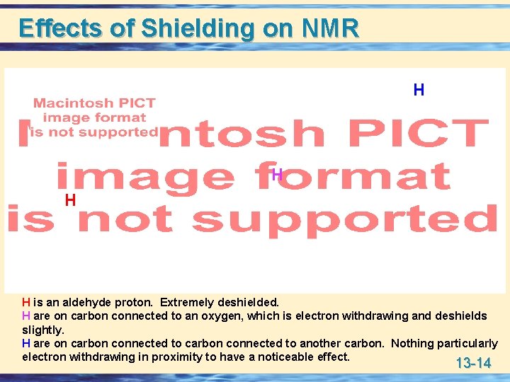 Effects of Shielding on NMR H H is an aldehyde proton. Extremely deshielded. H