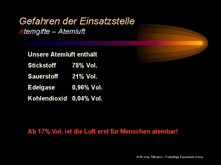 Gefahren der Einsatzstelle Atemgifte – Atemluft Unsere Atemluft enthält Stickstoff 78% Vol. Sauerstoff 21%