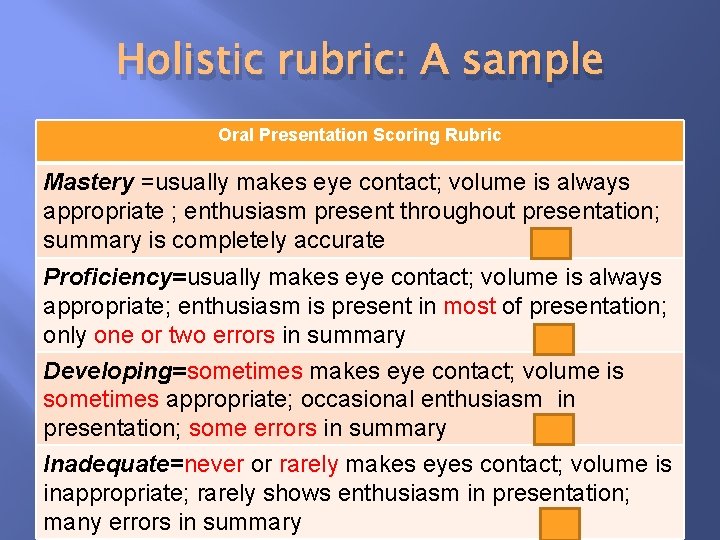 Holistic rubric: A sample Oral Presentation Scoring Rubric Mastery =usually makes eye contact; volume