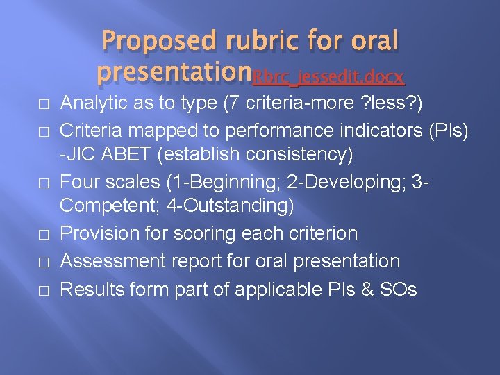 Proposed rubric for oral presentation. Rbrc jessedit. docx � � � Analytic as to