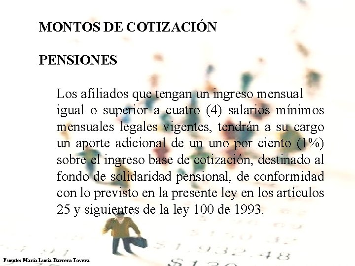  MONTOS DE COTIZACIÓN PENSIONES Los afiliados que tengan un ingreso mensual igual o