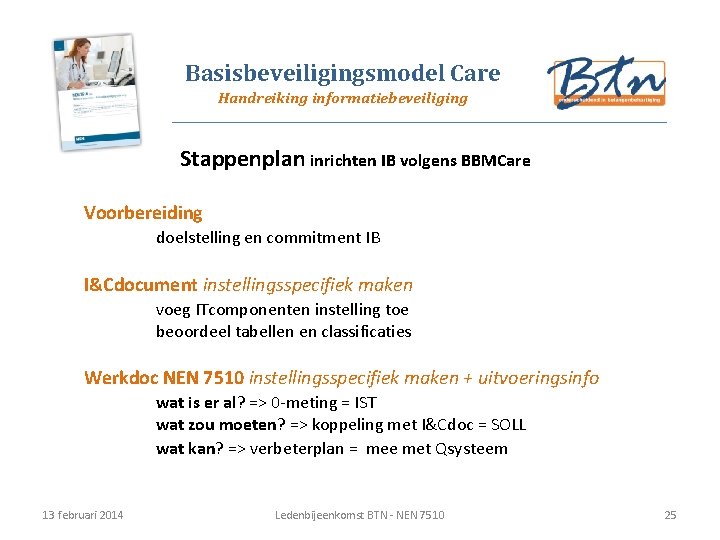 Basisbeveiligingsmodel Care Handreiking informatiebeveiliging Stappenplan inrichten IB volgens BBMCare Voorbereiding doelstelling en commitment IB