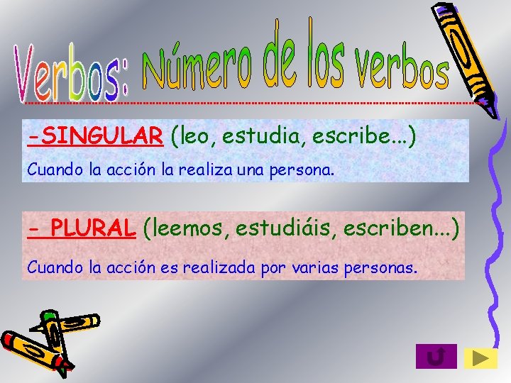 -SINGULAR (leo, estudia, escribe. . . ) Cuando la acción la realiza una persona. -SINGULAR (leo, estudia, escribe. . . ) Cuando la acción la realiza una persona.