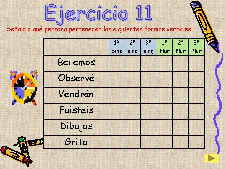 Señala a qué persona pertenecen las siguientes formas verbales: 1ª 2ª Sing sing Bailamos