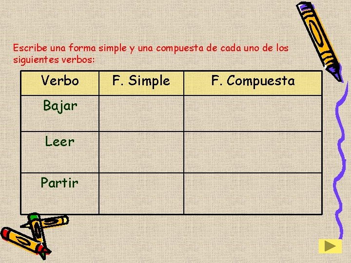 Escribe una forma simple y una compuesta de cada uno de los siguientes verbos: