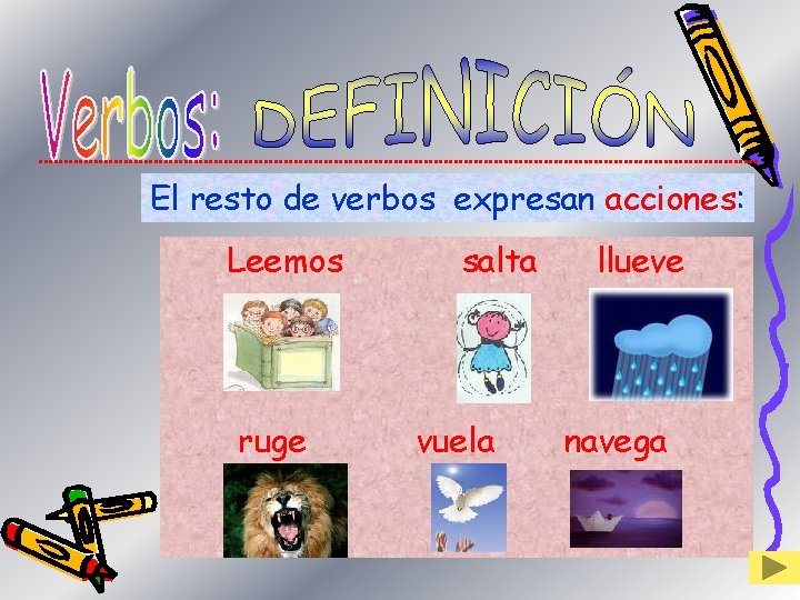 El resto de verbos expresan acciones: Leemos ruge salta vuela llueve navega El resto de verbos expresan acciones: Leemos ruge salta vuela llueve navega