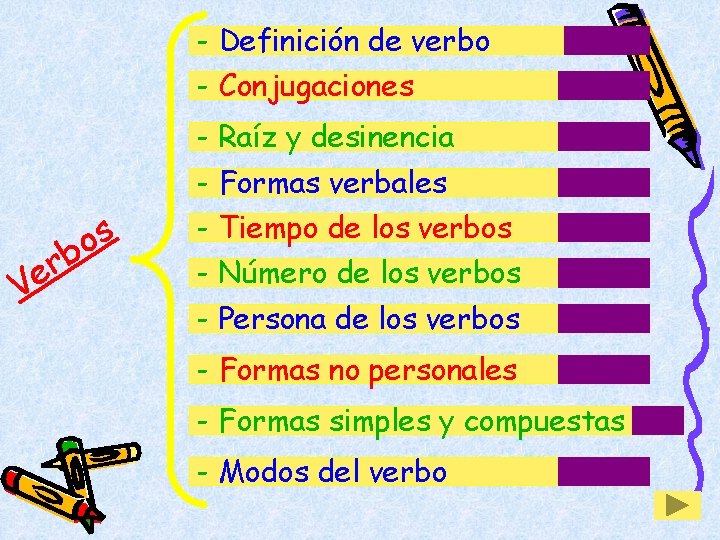 - Definición de verbo - Conjugaciones - Raíz y desinencia - Formas verbales b