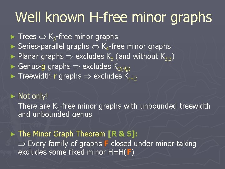 Well known H-free minor graphs Trees K 3 -free minor graphs ► Series-parallel graphs