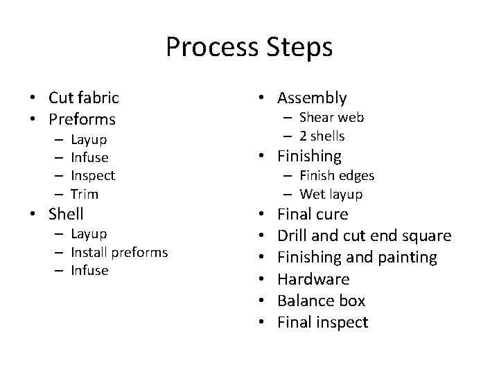 Process Steps • Cut fabric • Preforms – – Layup Infuse Inspect Trim •