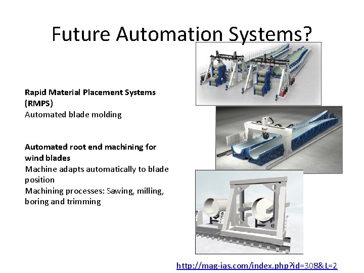 Future Automation Systems? Rapid Material Placement Systems (RMPS) Automated blade molding Automated root end
