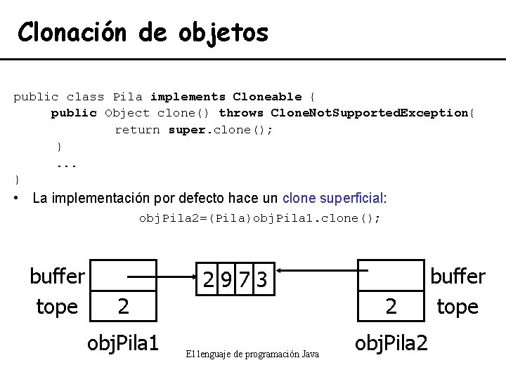 Clonación de objetos public class Pila implements Cloneable { public Object clone() throws Clone.