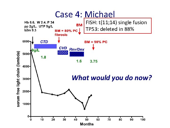 Case 4: Michael BM FISH: t(11; 14) single fusion TP 53: deleted in 88%