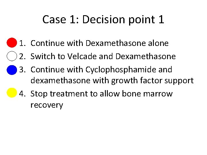 Case 1: Decision point 1 1. Continue with Dexamethasone alone 2. Switch to Velcade