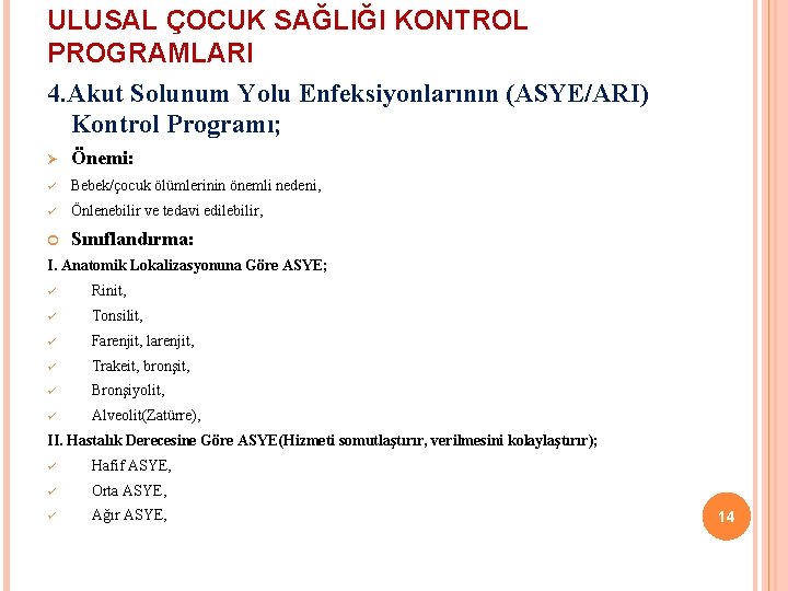 ULUSAL ÇOCUK SAĞLIĞI KONTROL PROGRAMLARI 4. Akut Solunum Yolu Enfeksiyonlarının (ASYE/ARI) Kontrol Programı; Ø