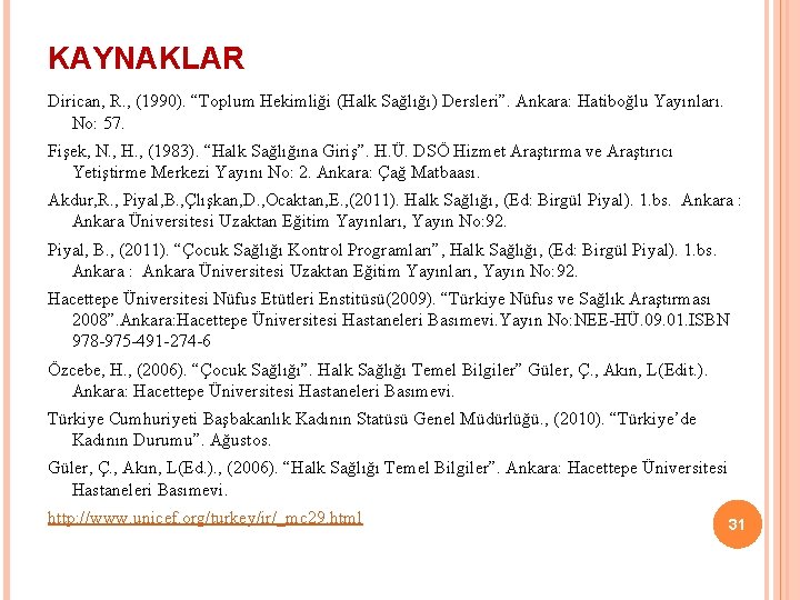 KAYNAKLAR Dirican, R. , (1990). “Toplum Hekimliği (Halk Sağlığı) Dersleri”. Ankara: Hatiboğlu Yayınları. No: