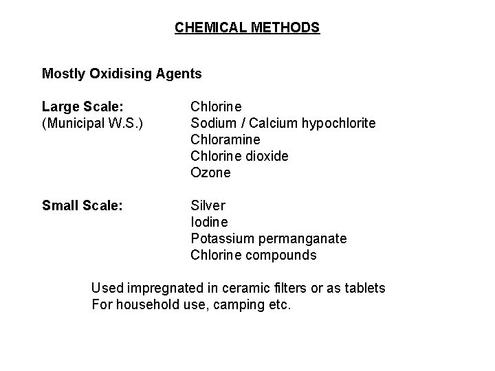 CHEMICAL METHODS Mostly Oxidising Agents Large Scale: (Municipal W. S. ) Chlorine Sodium /