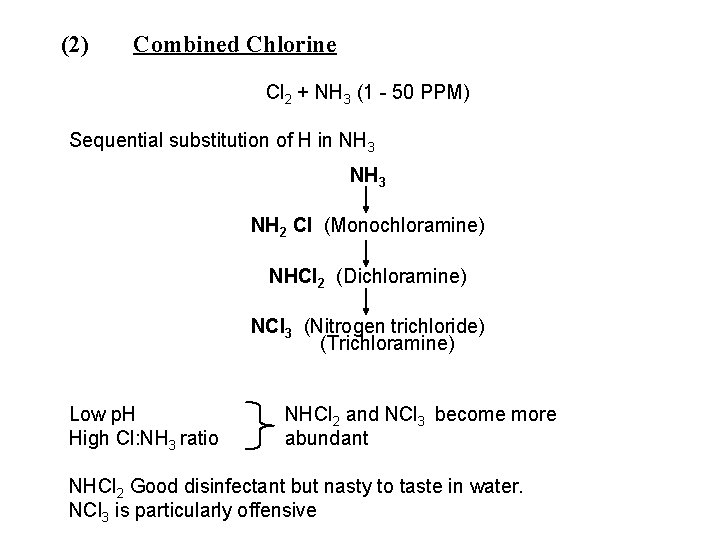 (2) Combined Chlorine Cl 2 + NH 3 (1 - 50 PPM) Sequential substitution