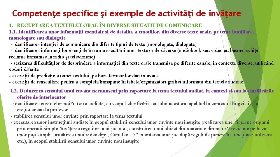 Competenţe specifice şi exemple de activităţi de învăţare 1. RECEPTAREA TEXTULUI ORAL ÎN DIVERSE Competenţe specifice şi exemple de activităţi de învăţare 1. RECEPTAREA TEXTULUI ORAL ÎN DIVERSE